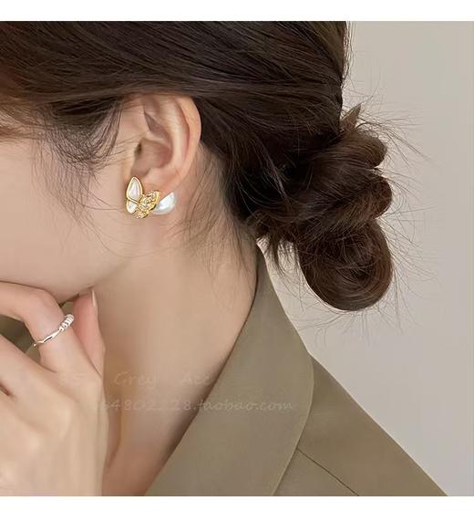 赵丽颖同款手工嵌锆钻自然贝母法式优雅925银耳钉 商品图3