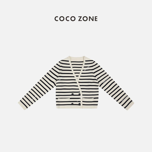  COCO ZONE2024时尚黑白条纹设计感V领双排扣针织衫24C10310 商品图0