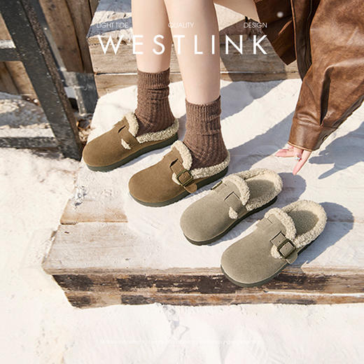 西遇毛绒勃肯鞋女新款冬季外穿包头雪地靴半拖保暖厚底毛毛鞋D4347828 商品图0