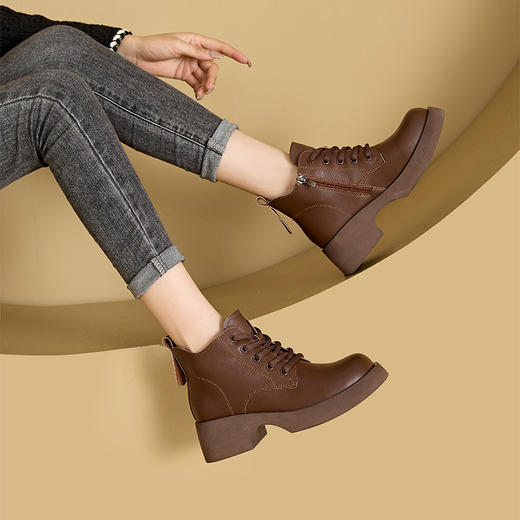 雀说 真皮复古马丁靴女侧拉链厚底短靴女513 商品图6