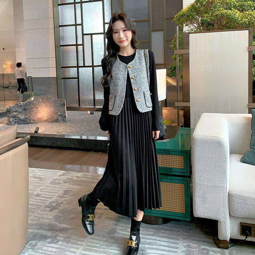 奢姿大码女装2025冬季百褶两件套胖妹妹时尚小香风马甲连衣裙套装9944927667 商品图2