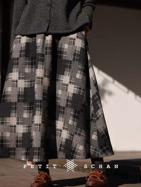 低饱和度 意大利进口羊毛混纺格纹松紧腰法式伞裙