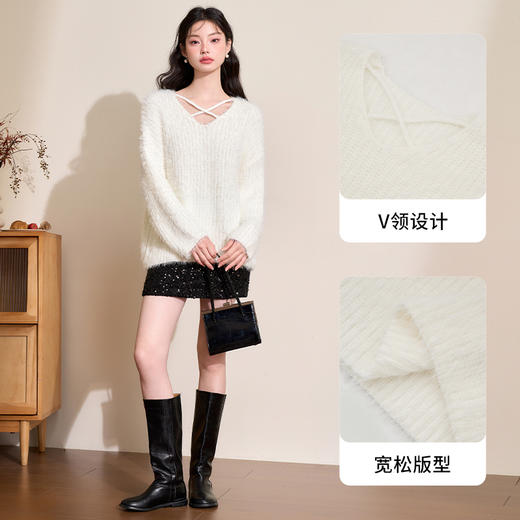 西遇短款白色毛衣女冬季新款韩系慵懒风长袖领口设计感上衣D0044003 商品图1