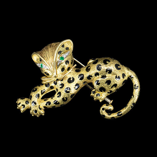 独角鹿西洋古董 1980年代法国出品18K黄金镶嵌祖母绿钻石及珐琅猎豹造型胸针 商品图0