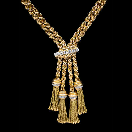 独角鹿西洋古董 1950年代法国出品黄金镶嵌钻石编织流苏造型苏托尔项链 商品图2