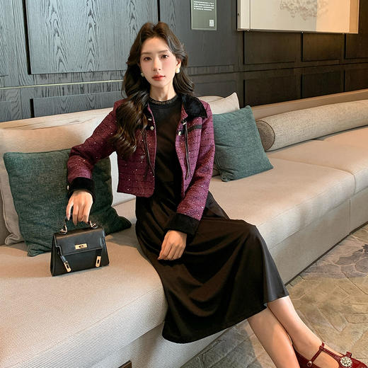 奢姿大码女装2024冬季气质POLO领小香风两件套胖妹妹时尚复古套装9944991308 商品图2