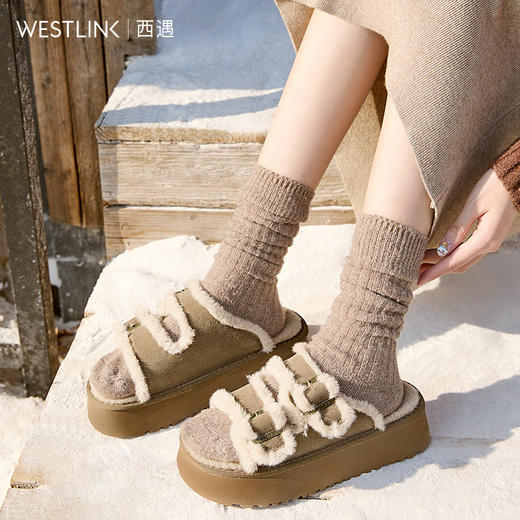 西遇勃肯鞋毛毛拖鞋女加绒新款冬季复古一字增高厚底外穿棉拖D4147843 商品图1