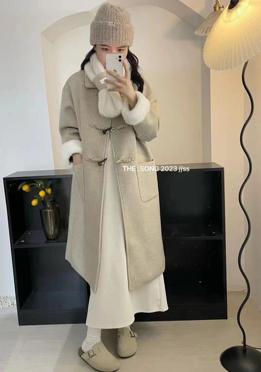 【GZ】无忧购韩系温柔宽松显瘦中长款围巾牛角扣加绒毛呢大衣9020# （截单后7天发货)25年清仓捡漏 商品图12