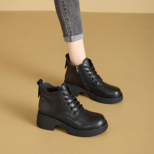 雀说 真皮复古马丁靴女侧拉链厚底短靴女513 商品图0