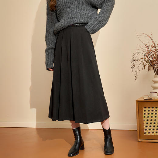 西遇黑色高腰半身裙女新款小个子a字精致显瘦针织长裙D0044148 商品图2