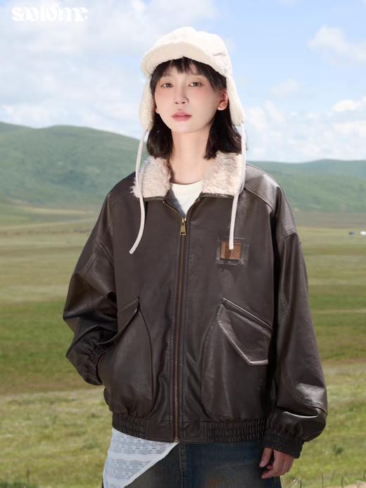 早乙女惠子saotome/STMWT243285/羊羔毛领PU皮宽松外套 商品图1