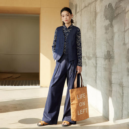 【林栖设计小店】（现货）棉混纺牛仔裤子拼蓝印花布通勤宽松百搭显瘦2025春季新品阔腿裤女1951080-1951080B 商品图1