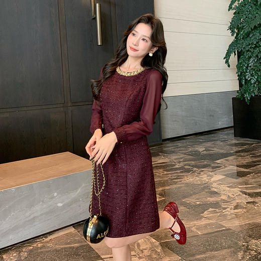 奢姿2025年秋季新款大码女装圆领小香风裙子胖妹妹拼接通勤连衣裙9943827357 商品图1