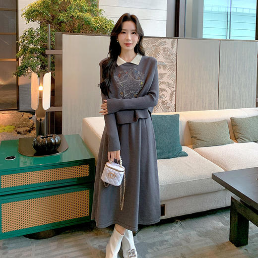 奢姿大码女装2025冬季气质POLO领套装胖妹妹马甲连衣裙针织两件套9844969272 商品图0
