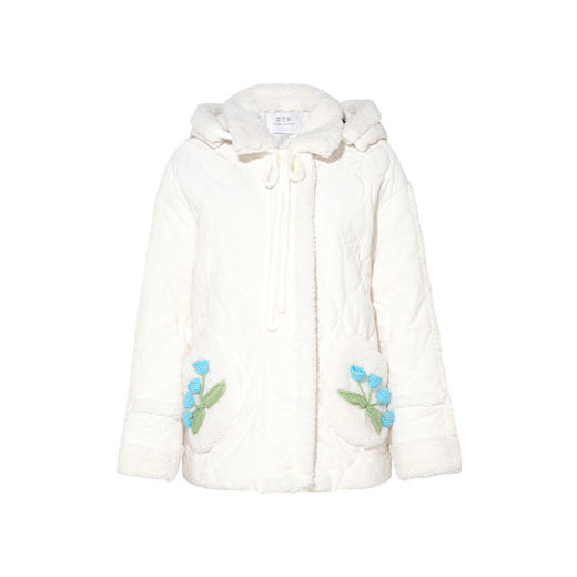 两三事纯真花魅2024冬季新款立体花朵毛绒口袋可拆帽子棉衣外套女 商品图4