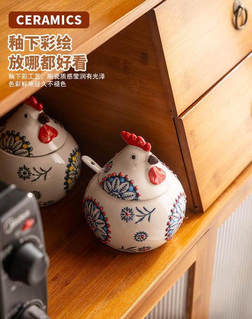 可爱简约小鸡陶瓷收纳罐创意家用带盖带勺釉下彩手绘调味罐防潮 商品图2