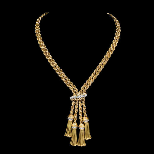 独角鹿西洋古董 1950年代法国出品黄金镶嵌钻石编织流苏造型苏托尔项链 商品图0