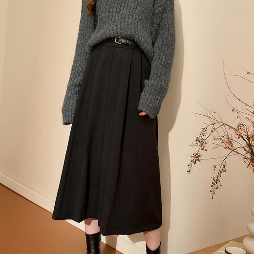 西遇黑色高腰半身裙女新款小个子a字精致显瘦针织长裙D0044148 商品图3
