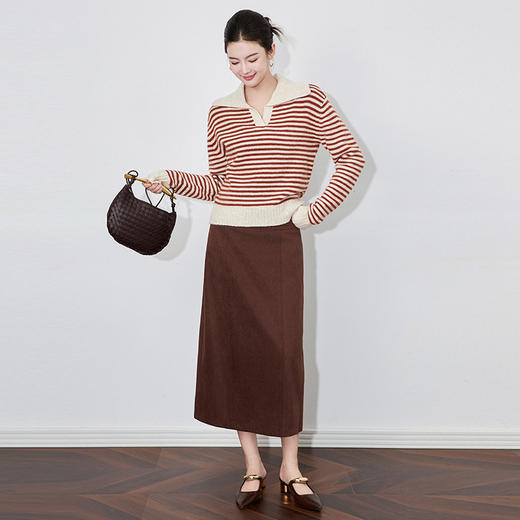 【高货wl】全新升级【铂金会员183/天猫239/差价56】(13205) 洛诗琳高级感大翻领通勤撞色条纹上衣宽松休闲气质毛衣 商品图0