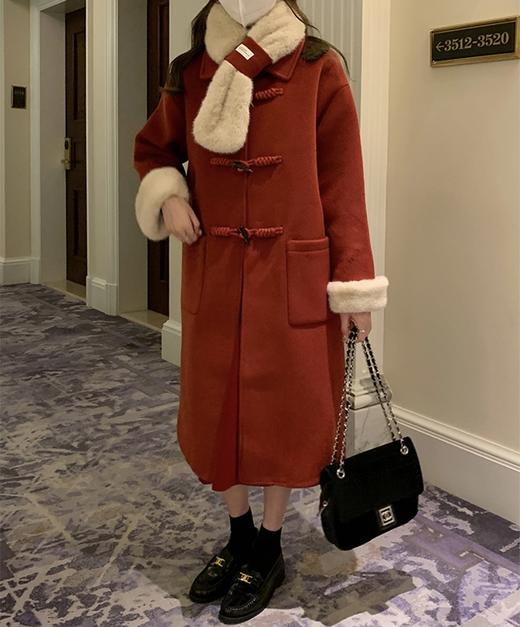 【GZ】无忧购韩系温柔宽松显瘦中长款围巾牛角扣加绒毛呢大衣9020# （截单后7天发货)25年清仓捡漏 商品图4