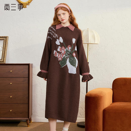 两三事 花神恋语 2024冬季新款复古花卉图案翻领半边绒家居服睡裙 商品图0