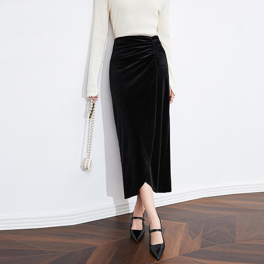 【高货wl】全新升级【铂金会员220/天猫299/差价79】(05822) 洛诗琳天鹅绒高腰开衩一步包臀法式女人味丝绒半身裙 商品图2