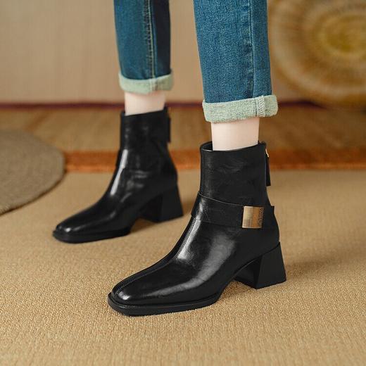 【预售5天】英伦风方头切尔西短靴女新款真皮后拉链瘦瘦靴粗跟高跟短靴NJMK&K1130 商品图3