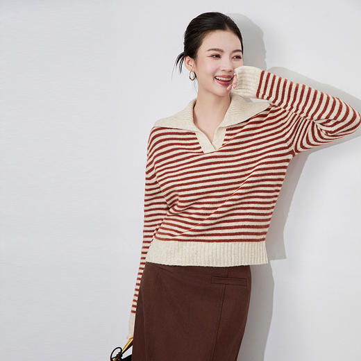 【高货wl】全新升级【铂金会员183/天猫239/差价56】(13205) 洛诗琳高级感大翻领通勤撞色条纹上衣宽松休闲气质毛衣 商品图1
