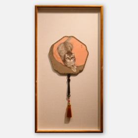 罗玉鑫扇面国画27x27CM《扇面·猫》一手绘扇面工笔国画作品[原作编号GH0393]