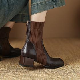 【预售5天】法式短靴女秋冬新款圆头真皮单靴粗跟英伦风马丁靴复古高跟鞋LD&6985