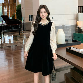 奢姿大码女装2025春季减龄荷叶边拼接连衣裙胖妹妹时尚丝绒裙子9943855633