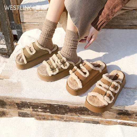 西遇勃肯鞋毛毛拖鞋女加绒新款冬季复古一字增高厚底外穿棉拖D4147843 商品图0