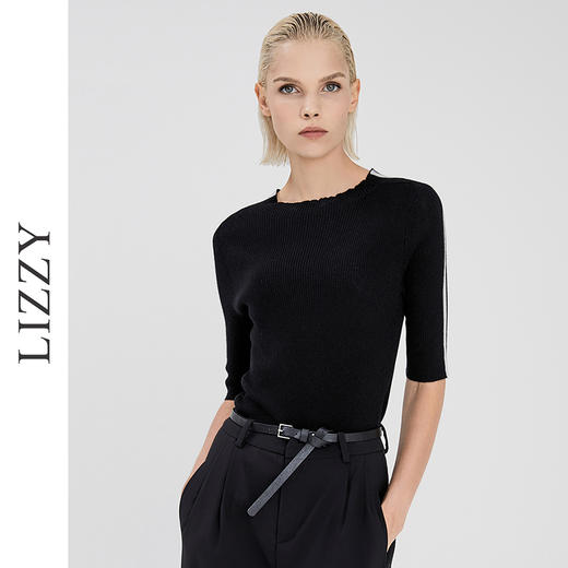 LIZZY早秋圆领五分袖修身打底针织衫套头短款毛衣女7738 商品图3