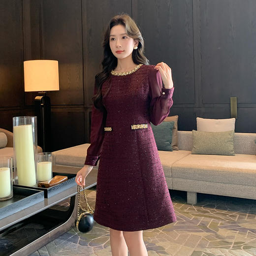 奢姿2025年秋季新款大码女装圆领小香风裙子胖妹妹拼接通勤连衣裙9943827357 商品图4