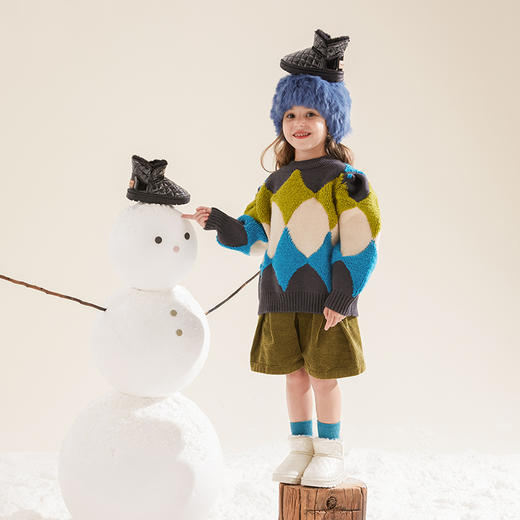 泰兰尼斯kids儿童防滑雪地靴菱形格亮面女童加绒保暖童鞋冬季新款F08X2D2813 商品图3