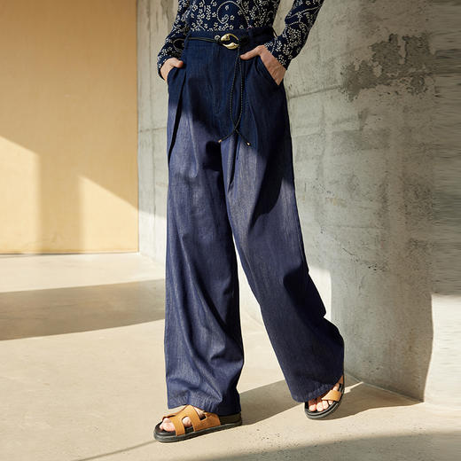 【林栖设计小店】（现货）棉混纺牛仔裤子拼蓝印花布通勤宽松百搭显瘦2025春季新品阔腿裤女1951080-1951080B 商品图0