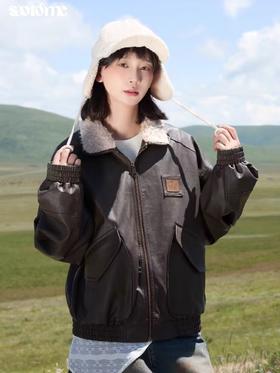 早乙女惠子saotome/STMWT243285/羊羔毛领PU皮宽松外套