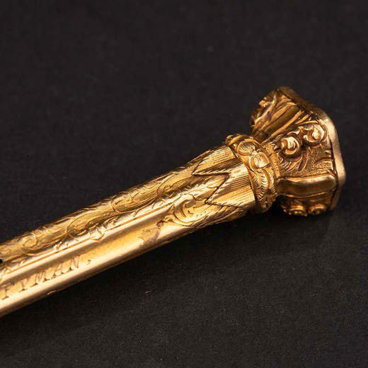 独角鹿西洋古董 1870年代英国名坊Sampson Mordan签名出品血滴石火漆印章装饰卷叶纹黄金精雕笔杆 商品图3