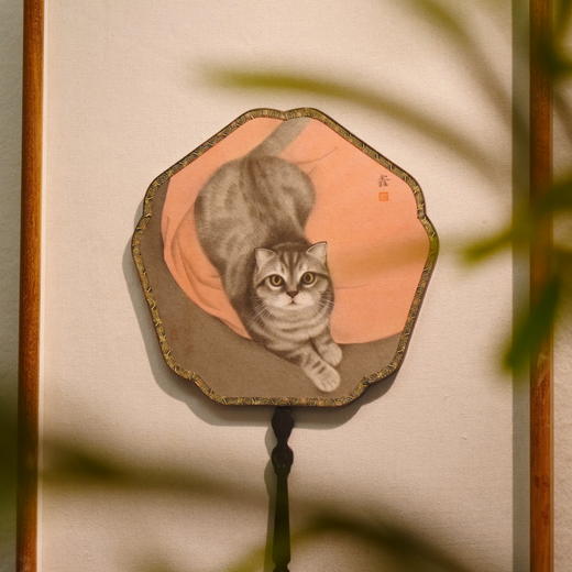 罗玉鑫扇面国画27x27CM《扇面·猫》一手绘扇面工笔国画作品[原作编号GH0393] 商品图2