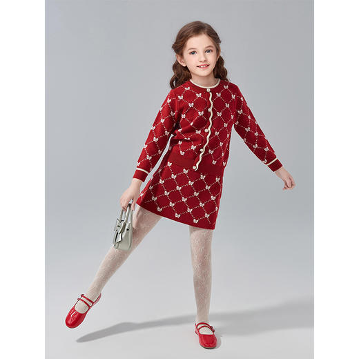 笛莎Deesha 童装女童套装2024冬新款时尚蝴蝶结图案毛织套装 商品图2