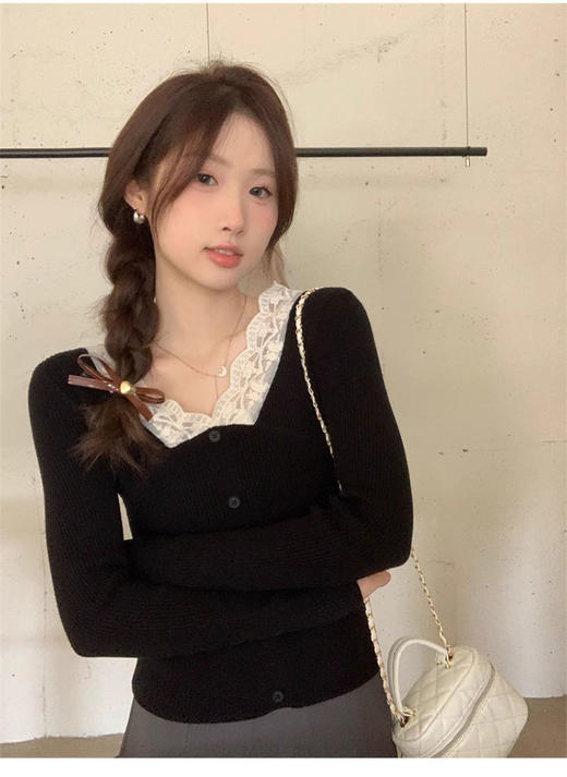 认准高质量版本🔥精致到全身❗️ 【法式蕾丝拼接V领针织衫上衣】舒适的版型➕ 包芯纱面料❗️轻薄软～不易起球~‎好穿到爆炸！⁡秋冬搭配大衣超合适 商品图11