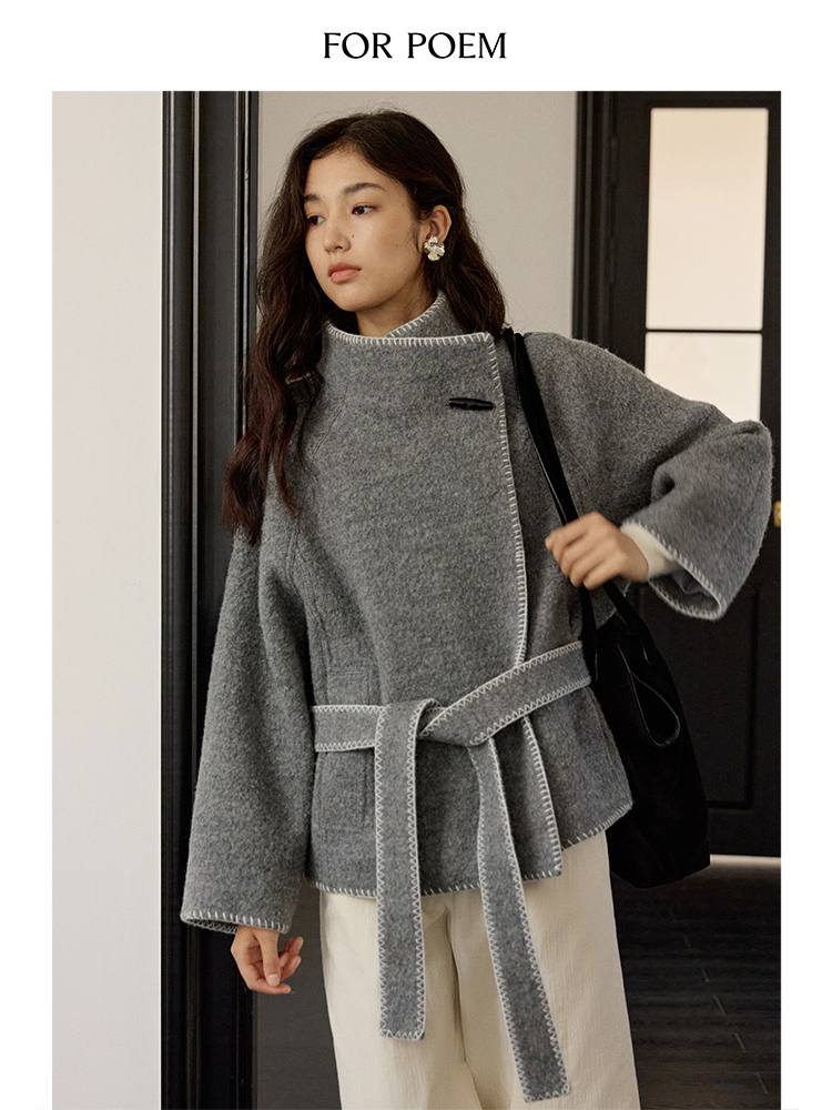 ForPoem 现货 24/FW原创设计贝壳绣锁边绣100羊毛短款腰带休闲大衣