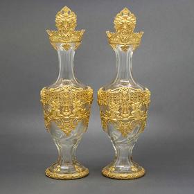 独角鹿西洋古董 19世纪法国出品新古典主义风格古典神话主题铜鎏金精雕装饰水晶花瓶一对