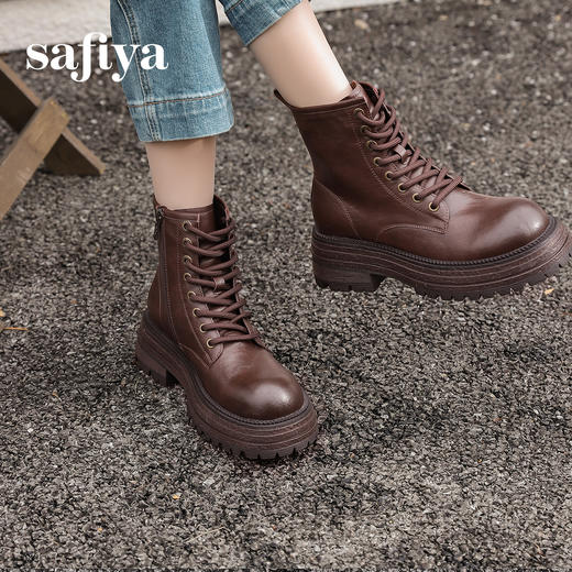 预售10天发|Safiya/索菲娅2024复古英伦时尚经典厚底粗跟短筒系带马丁靴加绒 SF44116411 商品图5