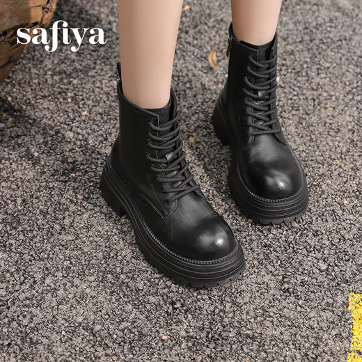 预售10天发|Safiya/索菲娅2024复古英伦时尚经典厚底粗跟短筒系带马丁靴加绒 SF44116411 商品图1