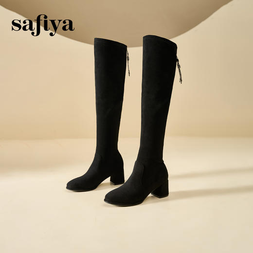 预售10天发|Safiya/索菲娅2024秋冬显瘦圆头百搭弹力高跟加绒过膝长靴 SF44117096/SF44119096 商品图5
