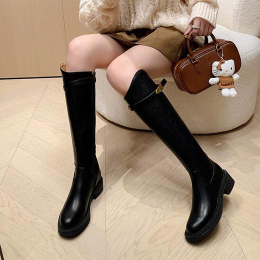 【预售7天】牛皮洋气百搭金属扣骑士靴秋冬圆头粗中跟V口真皮高筒长靴女DY&8405 商品图3