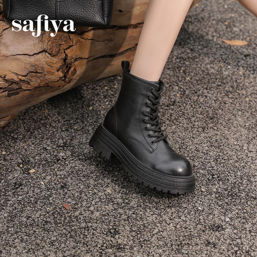 预售10天发|Safiya/索菲娅2024复古英伦时尚经典厚底粗跟短筒系带马丁靴加绒 SF44116411 商品图3