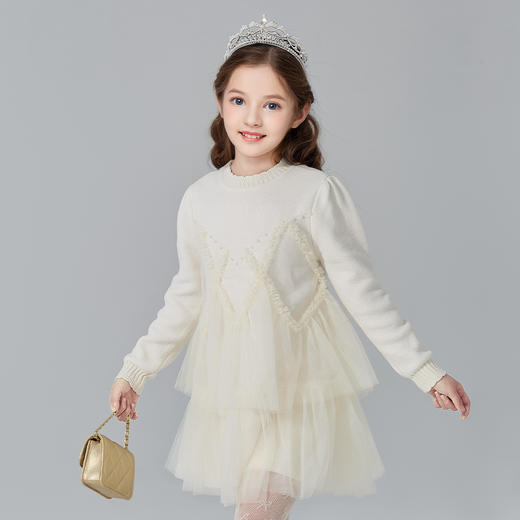 笛莎Deesha 童装女童连衣裙2024冬新款优雅香风网纱拼接裙 商品图0