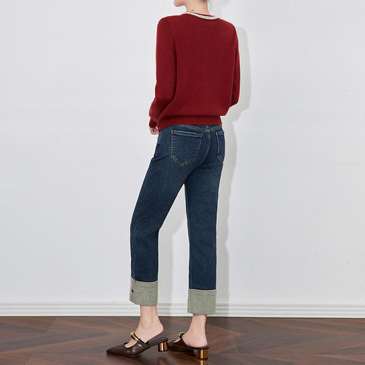 【高货wl】全新升级【铂金会员220/天猫299/差价79】(34447) 洛诗琳时尚绣花加绒翻边小直筒牛仔裤修腿显瘦烟管裤女 商品图4